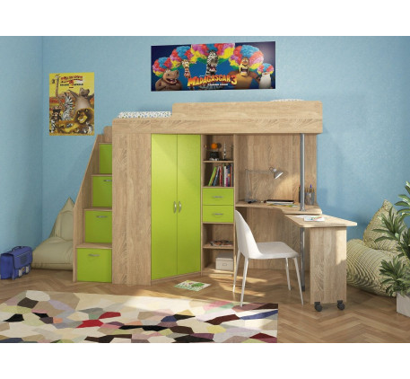 Детская кровать-чердак со столом и шкафом Милана-6, спальное место 200х80 см